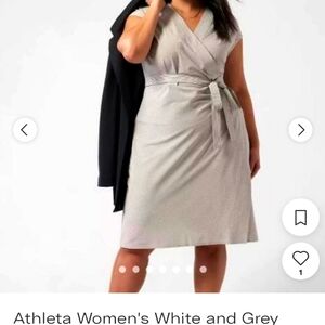 Athleta Newport wrap dress grey and white striped, side zip pockets, size Small